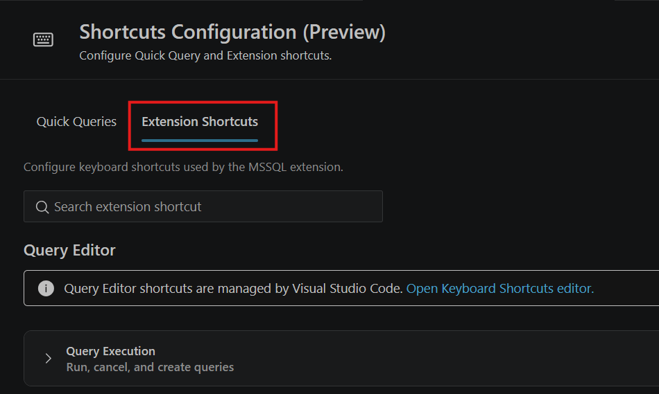 Screenshot of Shortcuts Configuration (Preview) in the MSSQL extension showing Query Editor and Result View shortcut groups.