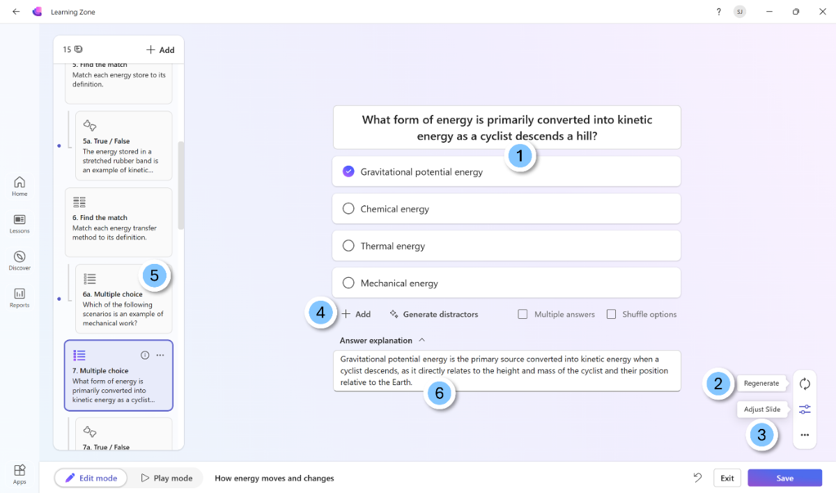 Screenshot of the refining exercises features in Learning Zone.