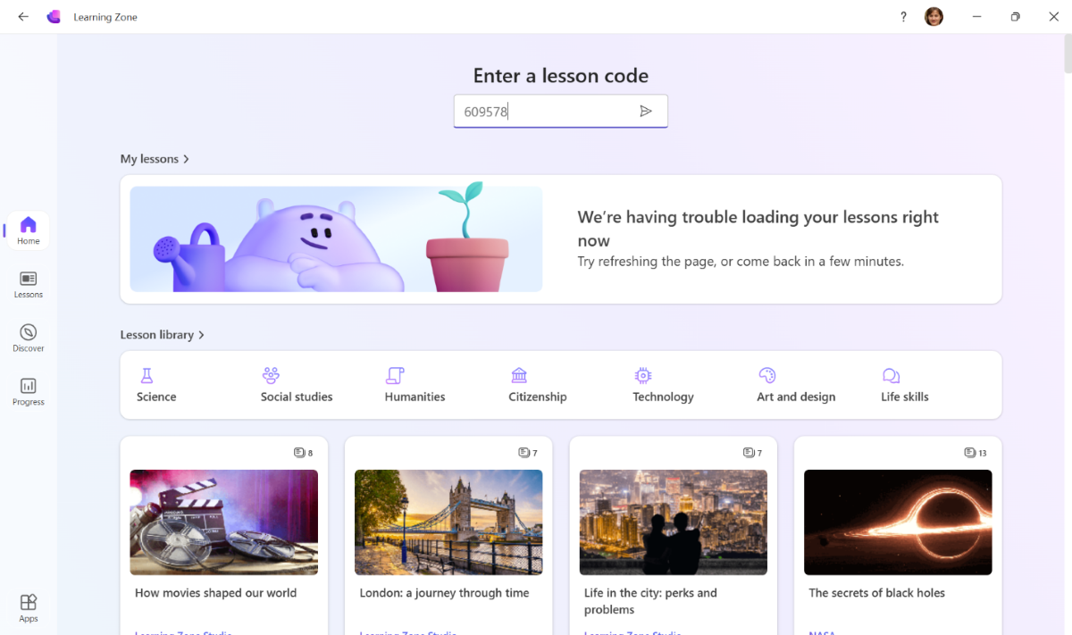 Screenshot of the student view of the Microsoft Learning Zone app, showing where to input the lesson short code.
