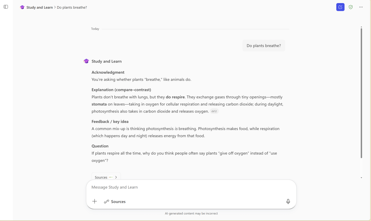 Screenshot of a Microsoft 365 Copilot Study and Learn chat and response.