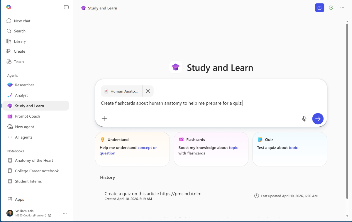 Screenshot of the Microsoft 365 Copilot Study and Learn agent with a file attached in the prompt box.
