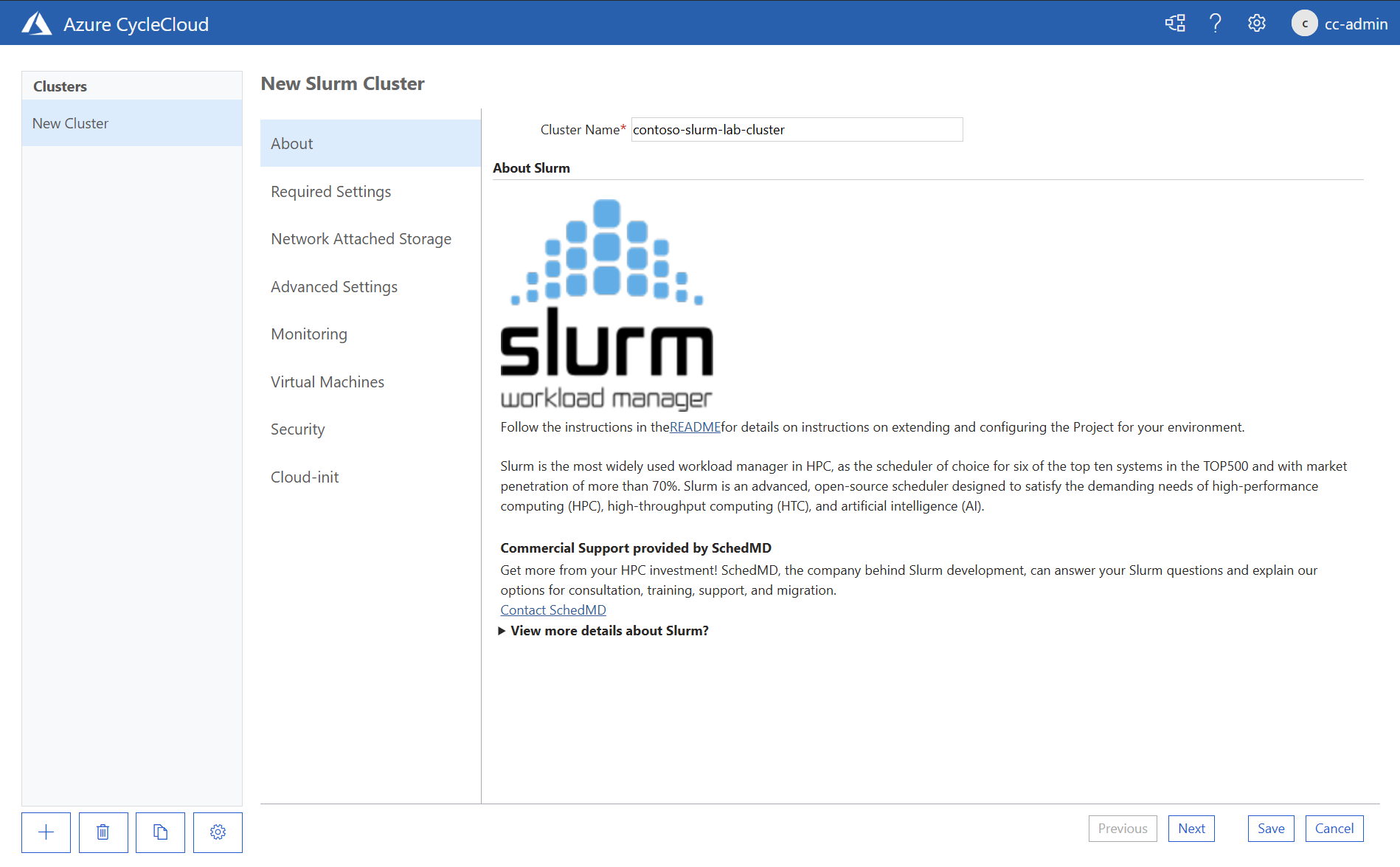 Screenshot that shows the About tab of the New Slurm Cluster page of the Azure CycleCloud web application.