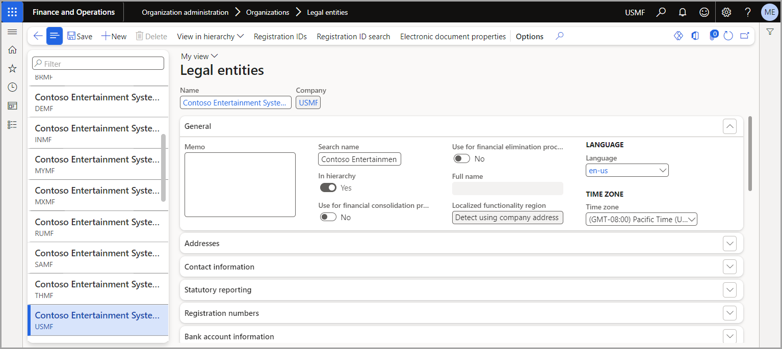 Screenshot of a graphic showing the Legal entities page in Dynamics 365 Human Resources.