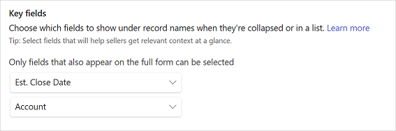 Screenshot showing how to select key fields for mini view in the application.
