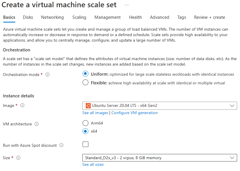 Screenshot that shows how to create Virtual Machine Scale Sets in the Azure portal.