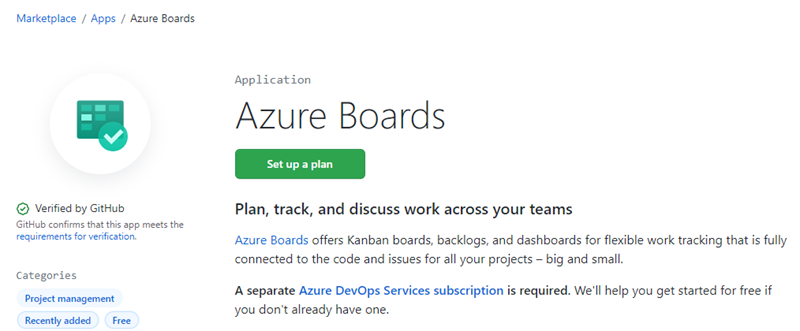 Screenshot of the Azure Boards App installation page in GitHub Marketplace, showing configuration options and permissions required for integration.