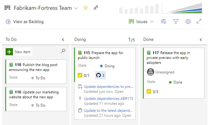 Screenshot showing Azure Boards work items with integrated GitHub links, displaying commits, pull requests, and issues directly within the work item interface.