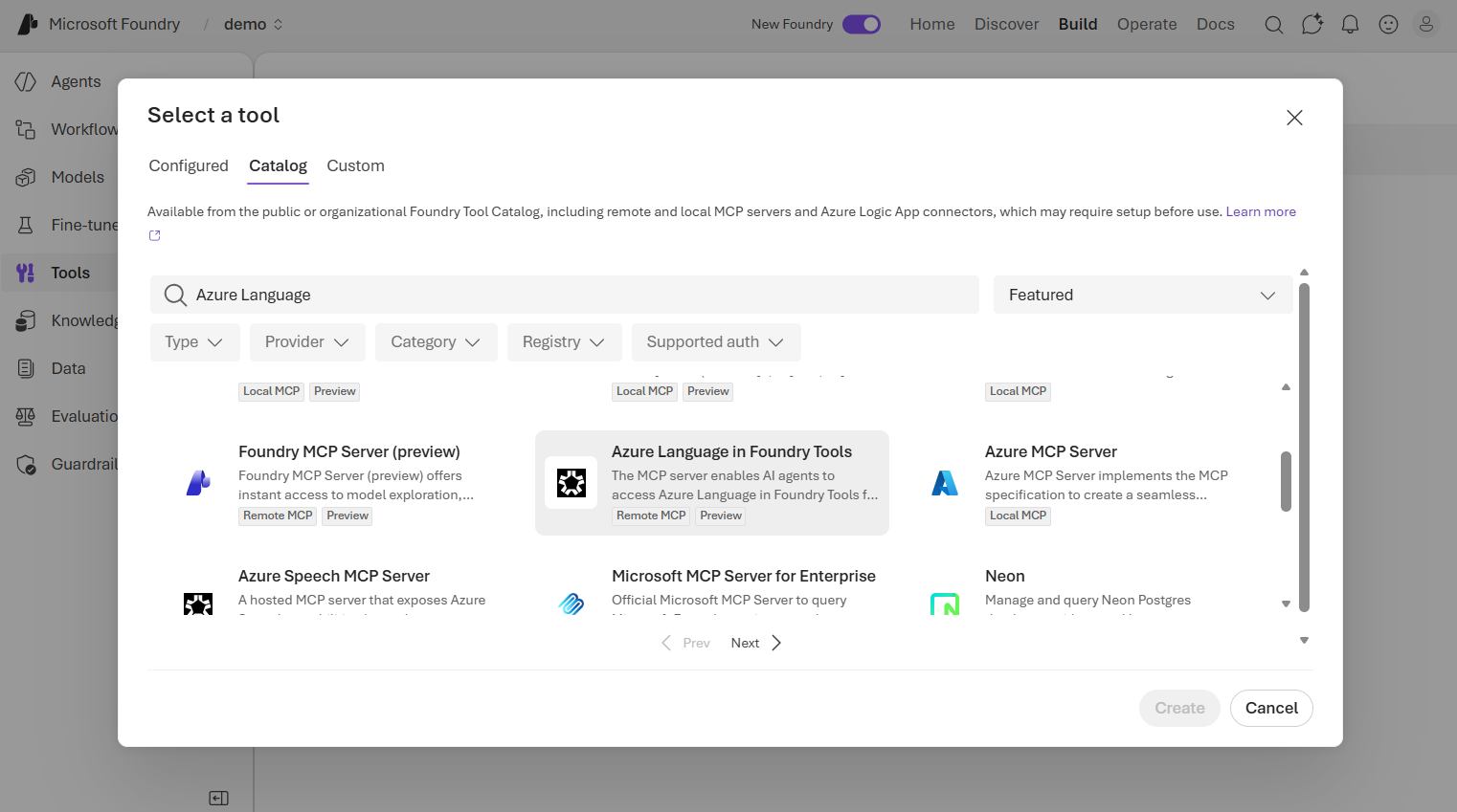 Screenshot of the Tools catalog in the Foundry portal showing the Azure Language in Foundry Tools connection configuration.