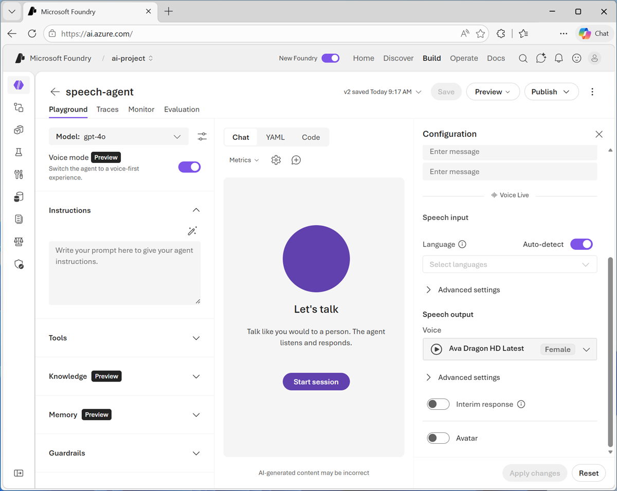 Screenshot of the agent playground with voice mode enabled.