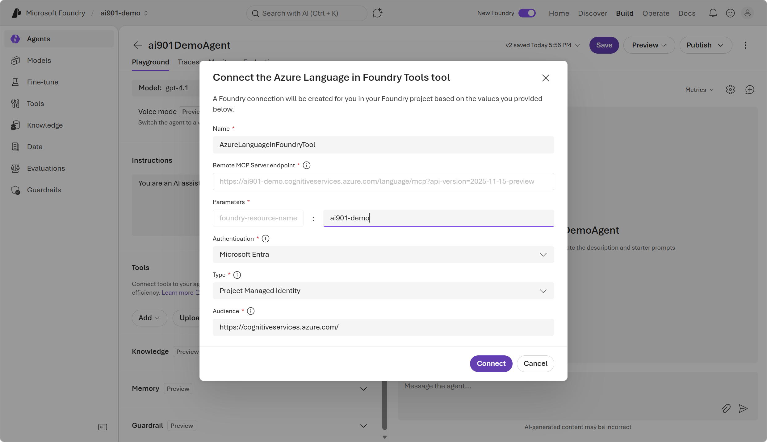 Screenshot of the dialog box used to configure the connection between the agent and Azure Language in Foundry Tools.