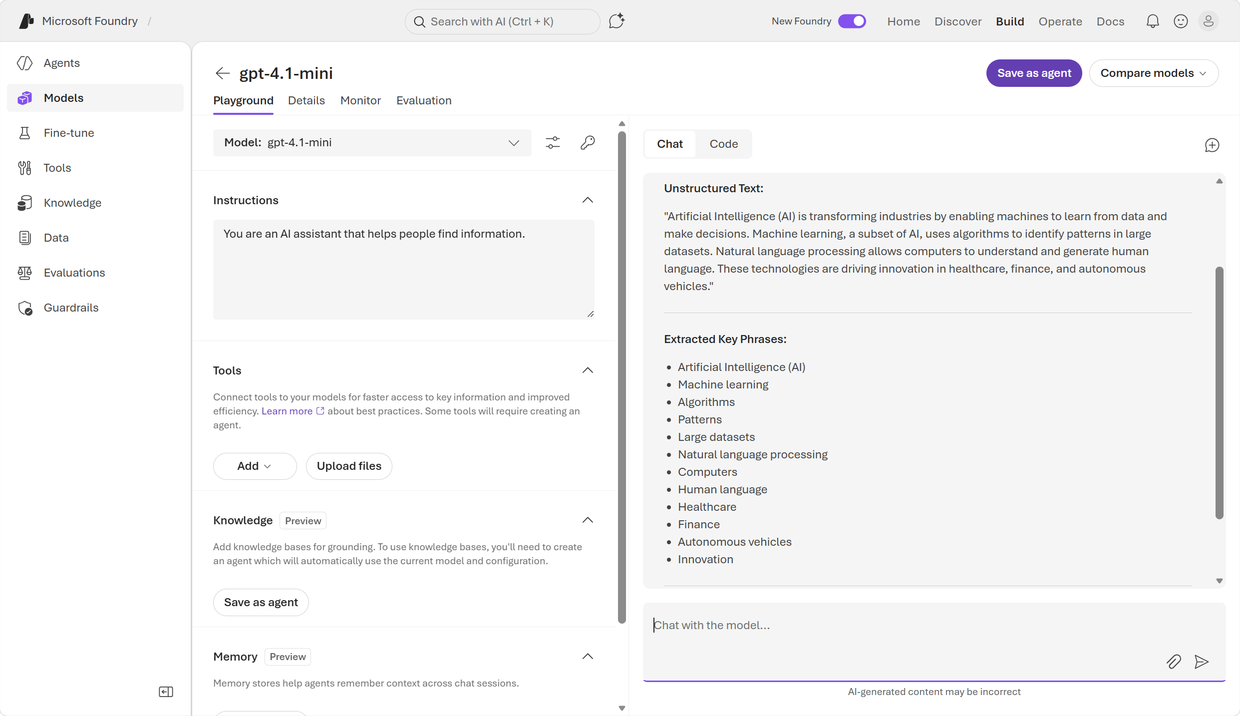 Screenshot of the new Foundry portal playground showing key phrase extraction.
