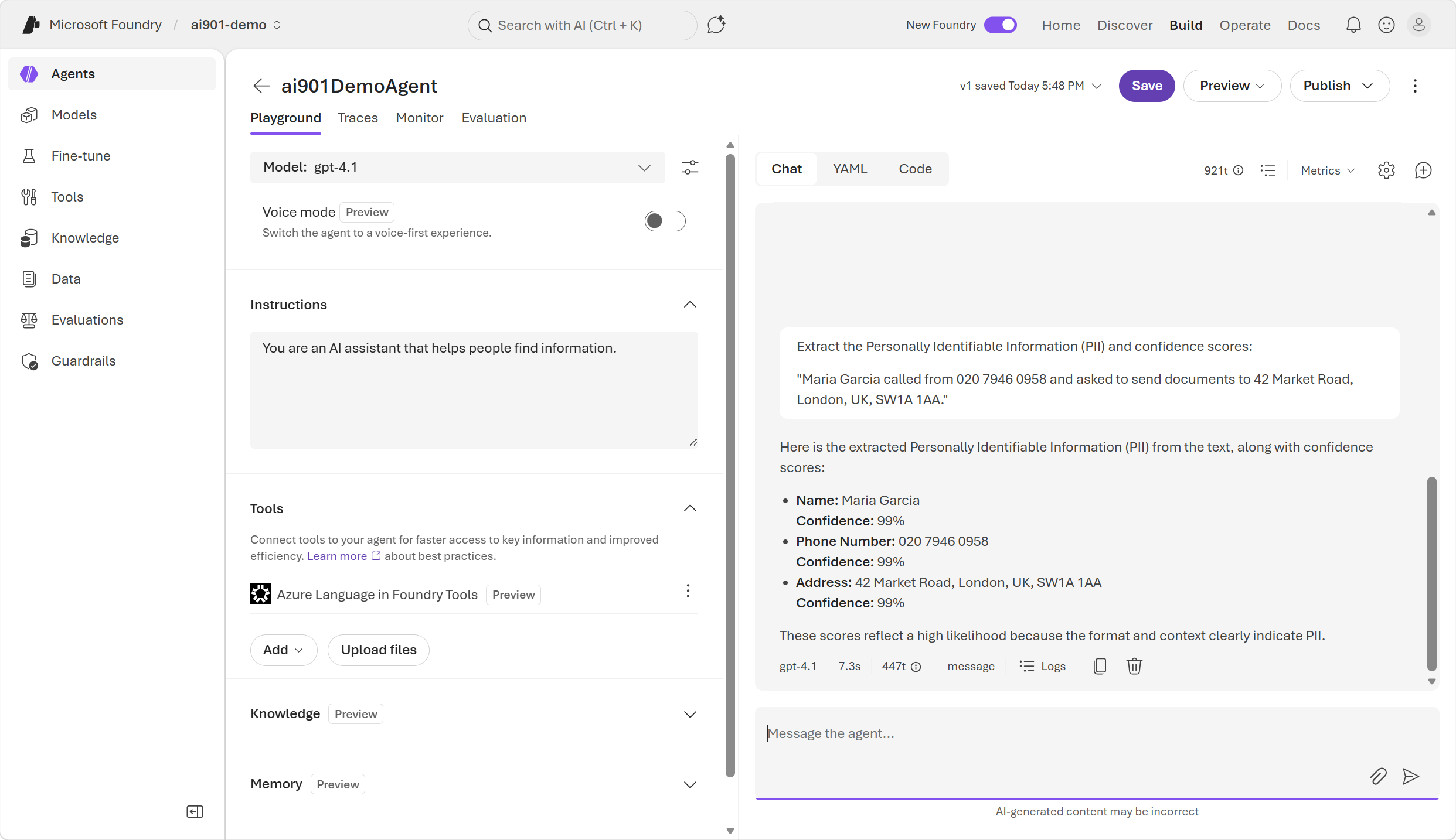 Screenshot of the Azure Language in Foundry Tools connected to an agent in the Foundry portal.