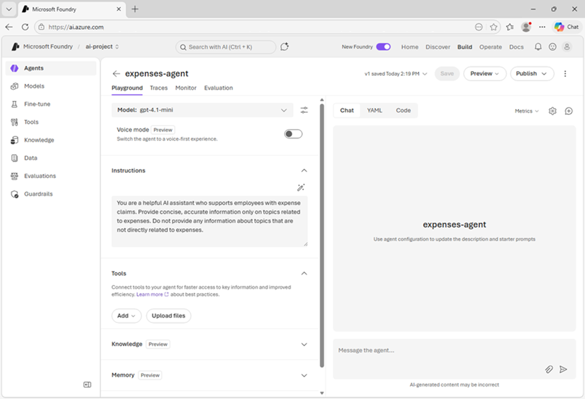 Screenshot of the agent playground used in the lab.