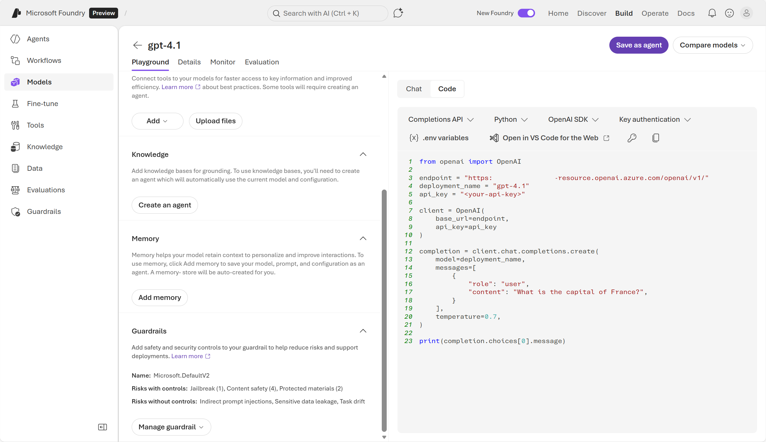 Screenshot of code example in Foundry portal that is based in the playground.