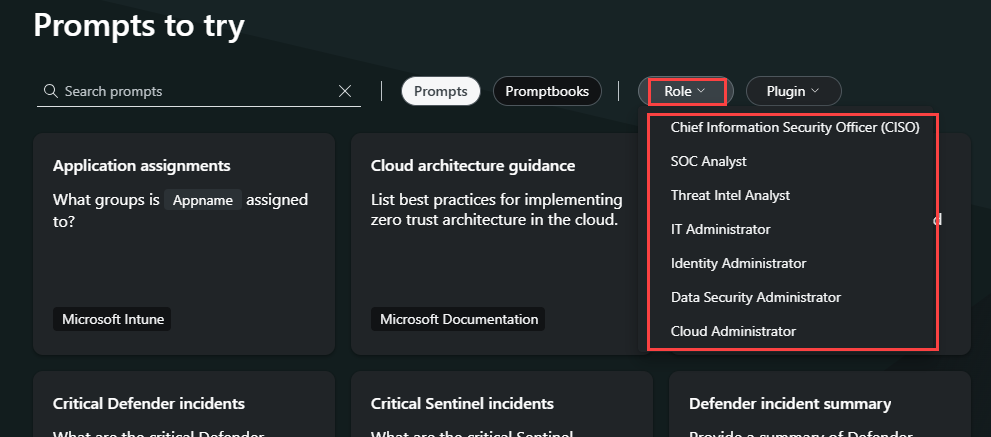 Screen capture showing the Copilot landing page with the role filter drop-down menu shown.