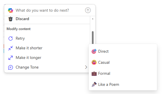 Screenshot of the Copilot draft options in Outlook, with the Change Tone menu options displayed.