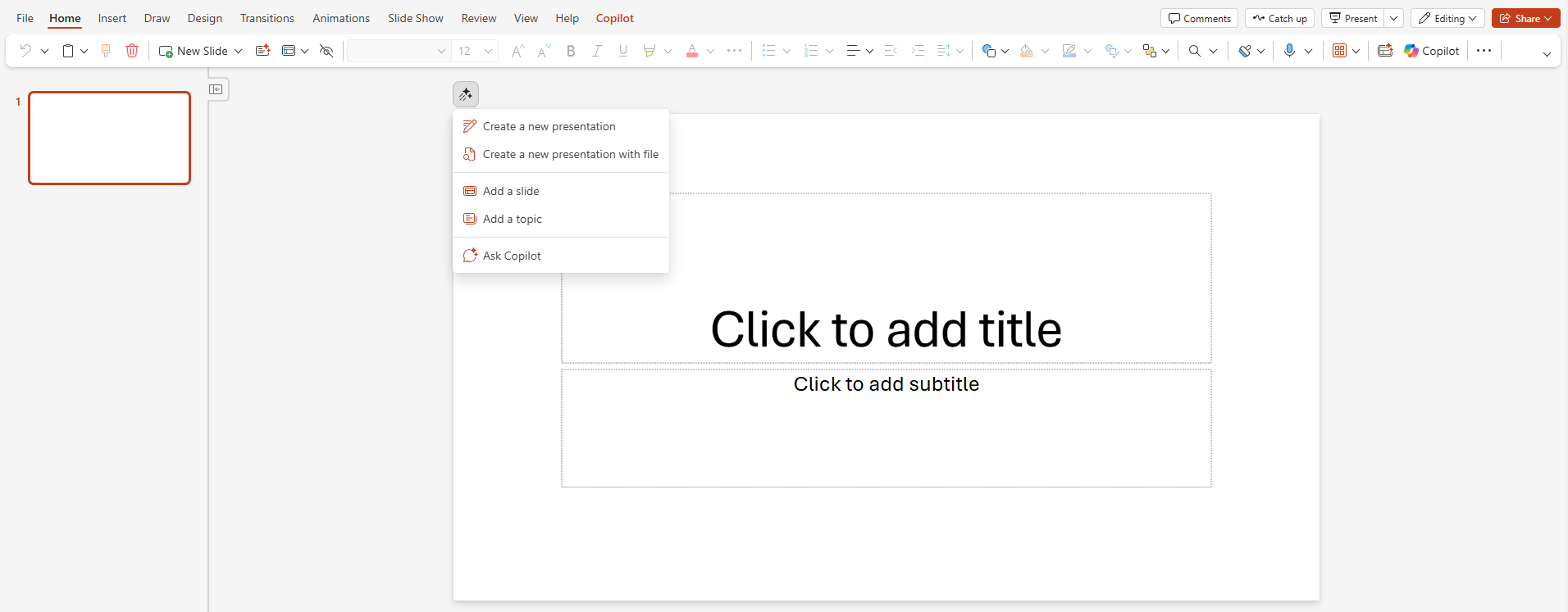 Screenshot displaying Microsoft PowerPoint and the Copilot menu that appears above the current slide.