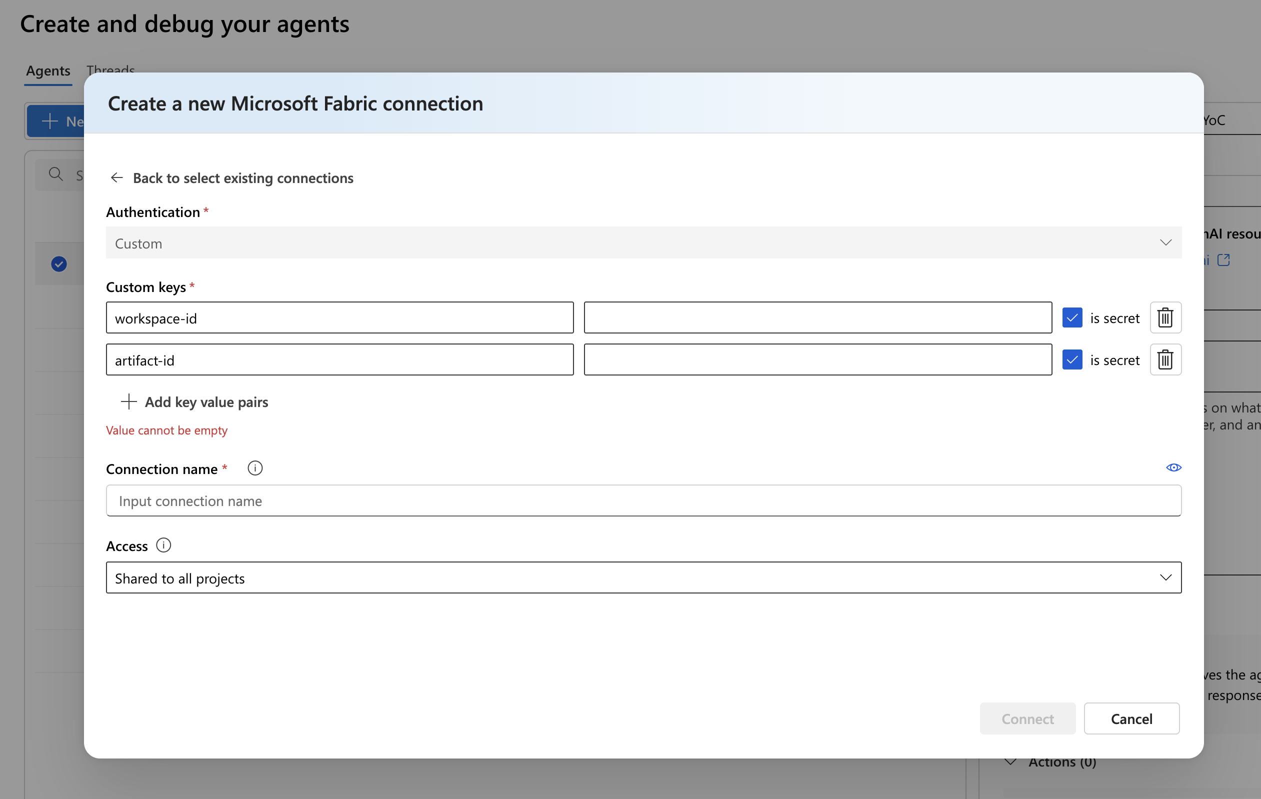 Screenshot of creating a connection in Microsoft Foundry agent.