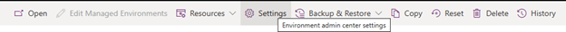 Screenshot that shows the Settings button on the command bar.