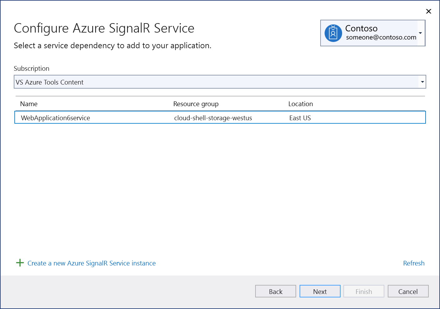 Screenshot showing "Connect to existing Azure SignalR component" screen.