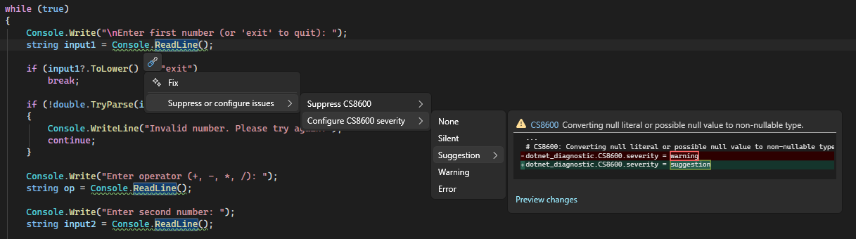 Screenshot that shows rule severity selected from the menu in Visual Studio.