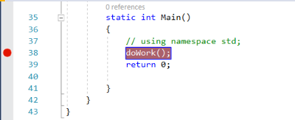 Screenshot that shows how to set a breakpoint in the Visual Studio 2022 debugger.