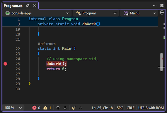 Screenshot that shows how to set a breakpoint in the Visual Studio debugger.