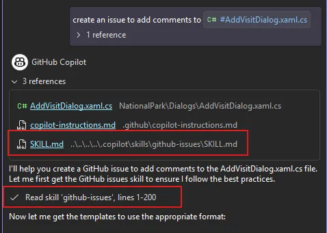 Screenshot that shows a skill being used by the Copilot agent in chat.