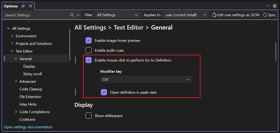 Screenshot that shows how to set the mouse-click peek definition option in Visual Studio.