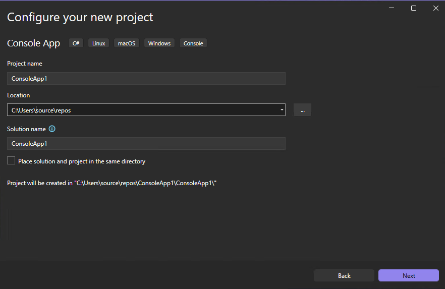 Screenshot of the Configure a new project window in Visual Studio, where you enter the name of the project and the project location.