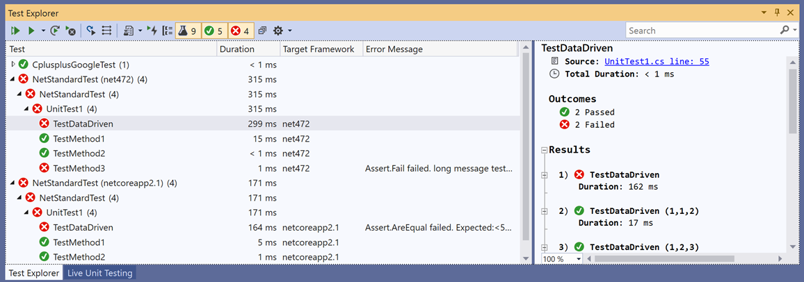 The user interface improvements in the Test Explorer. A screenshot that shows the user interface improvements in the Test Explorer