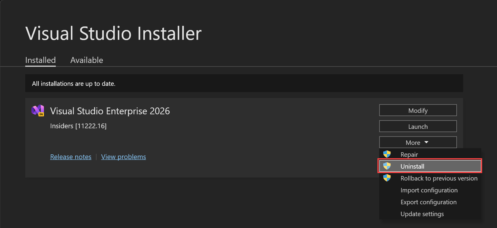 Screenshot that shows how to uninstall Visual Studio by using the Visual Studio Installer.
