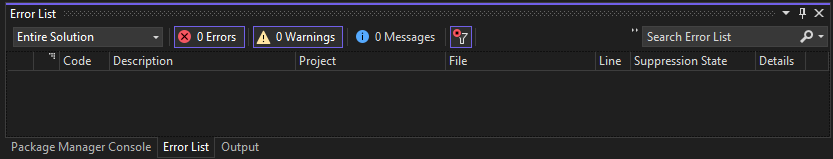 Screenshot of the Error List in Visual Studio 2022.