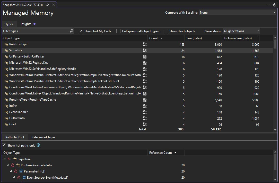 Screenshot of managed type report.