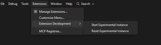 Experimental Instance menu options in Visual Studio