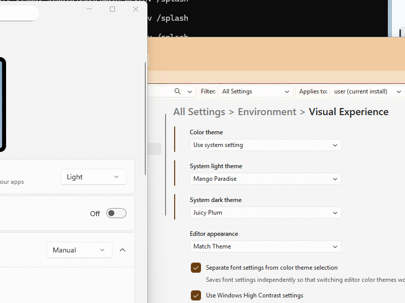 Video showing Visual Studio switching from light to dark theme when the Windows system theme changes