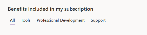 Screenshot of the benefits category picker on the subscription portal. Filter the list of benefits by category