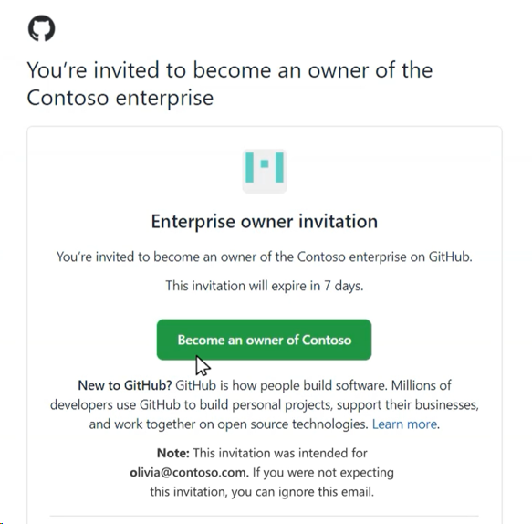 Screenshot of invitation to become an owner. Pointer is hovering over the Become an owner of Contoso button. Accept GitHub invitation