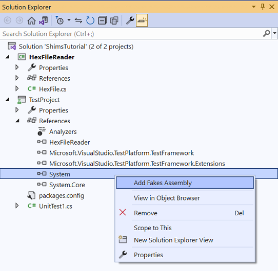 Screenshot that shows how to add the Fakes assembly for the project in Visual Studio 2022.