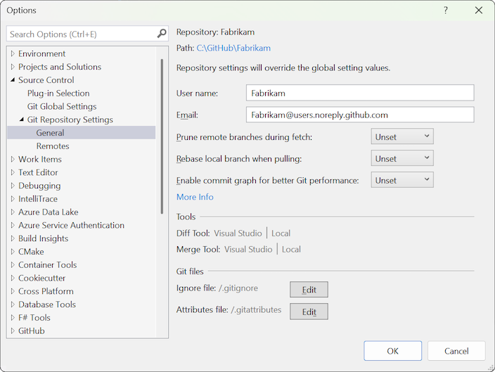Screenshot of the Git Repository Settings, General options in Visual Studio.