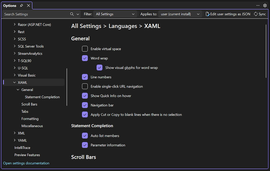 Screenshot of the Options list for the XAML language.