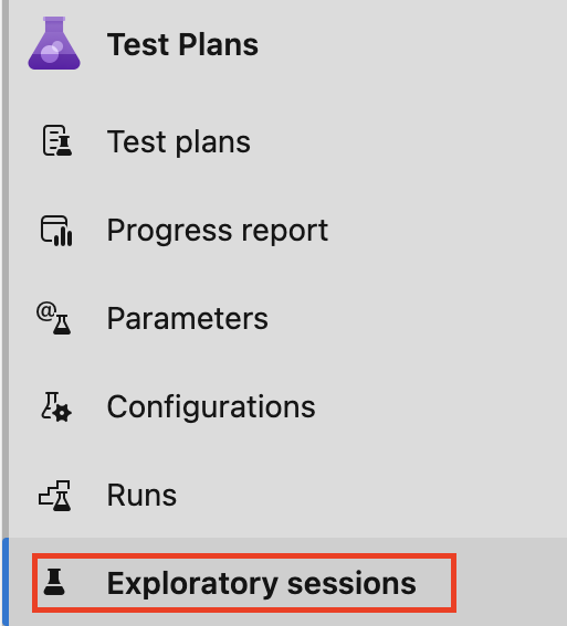 Screenshot of the Test Plans menu with Exploratory sessions highlighted.