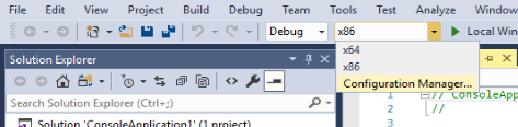 Screenshot of Visual Studio toolbar showing the Configuration Manager option in the solution platform dropdown menu.