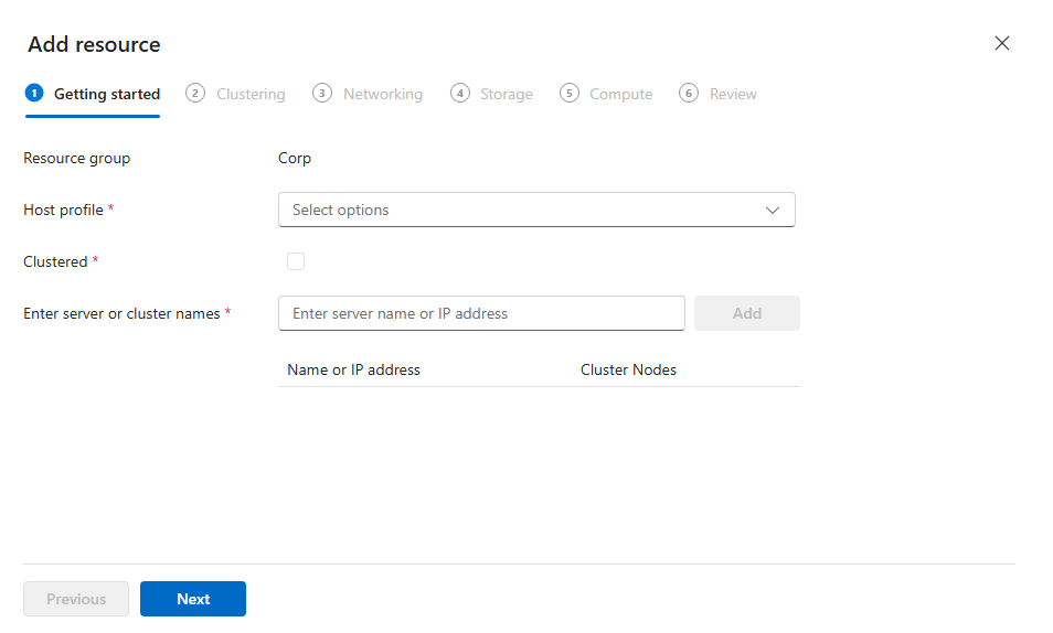 Screenshot of the Virtualization Mode Add Resource wizard Getting started tab with Host FQDN field entered and Host Profile set to Compute.