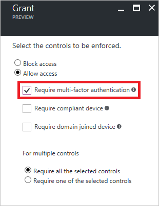 Screenshot of Grant controls showing Require multi-factor authentication highlighted as part of policy setup.
