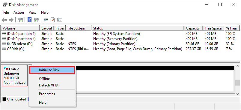 Screenshot that shows Disk Management and the right-click menu for an unformatted disk with the Initialize Disk option selected.