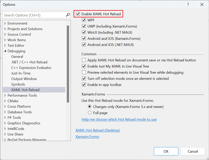 Screenshot of the Visual Studio Debugging Options dialog box with Enable XAML Hot Reload highlighted.
