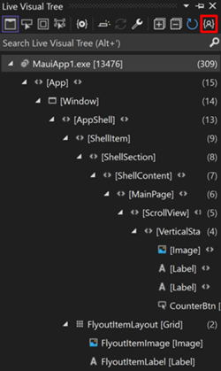 Screenshot of the Visual Studio Live Visual Tree with the Just My Xaml option enabled.