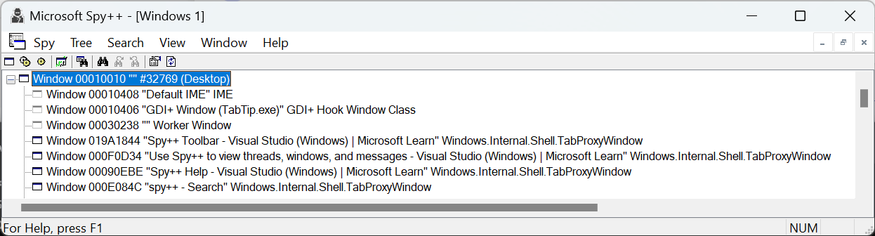 Screenshot of the Spy++ application window.