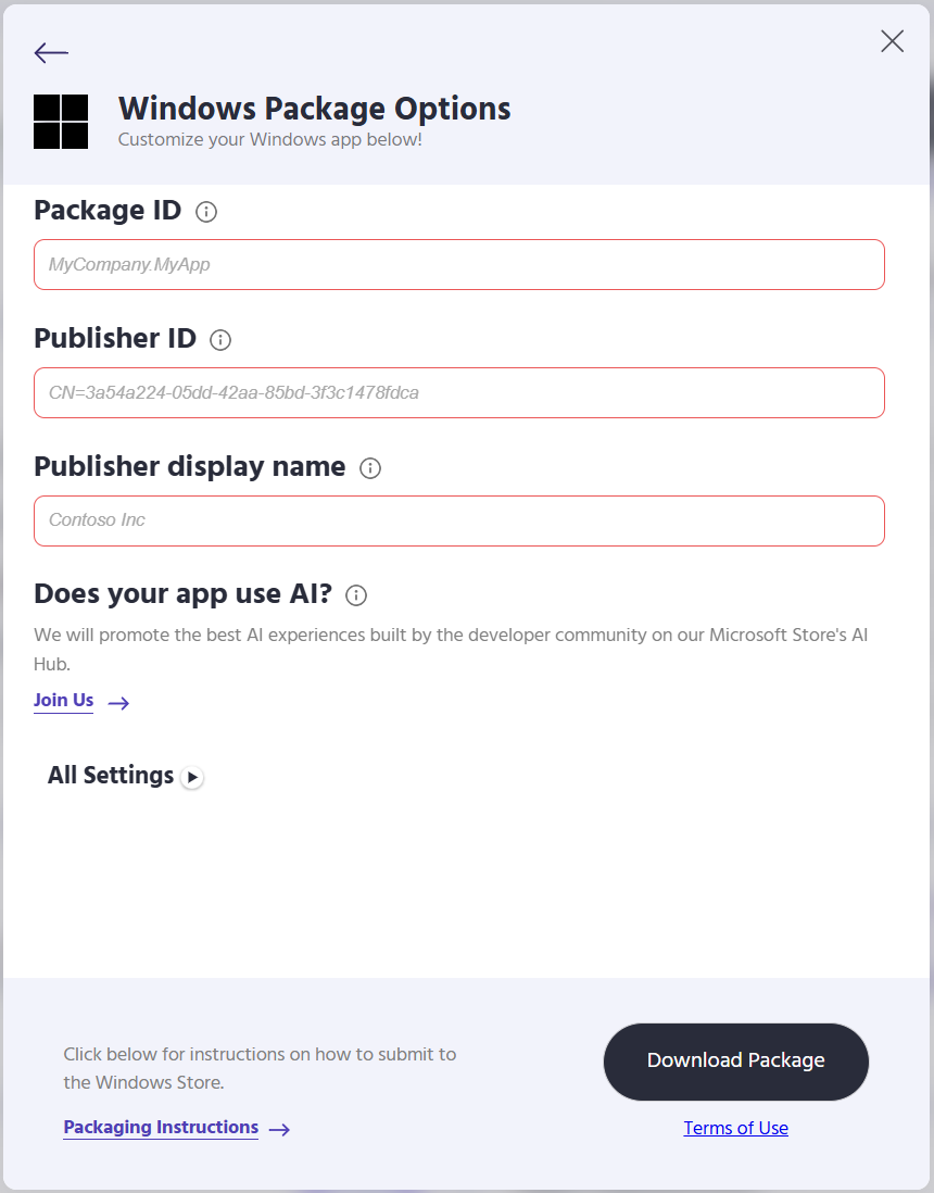 PWA Builder prompting the user for information from Partner Center